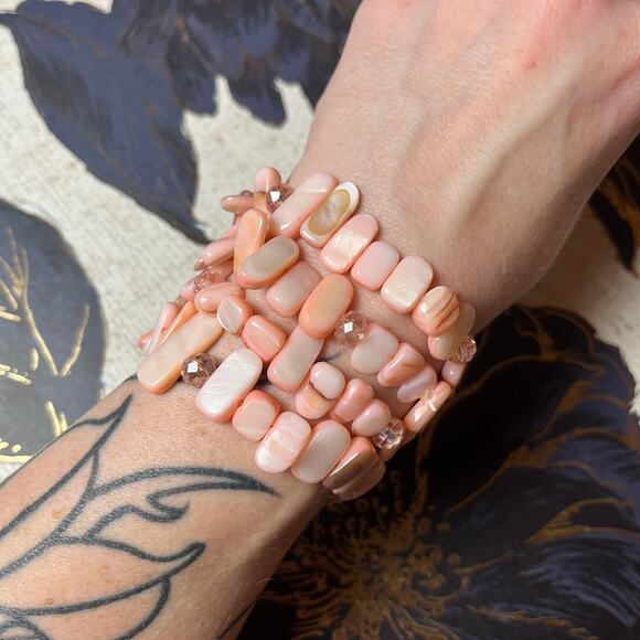 Vintage Handmade Pink Natural Shell & Aurora Borealis Beaded Bracelet Set of 4 - Picture 1 of 7